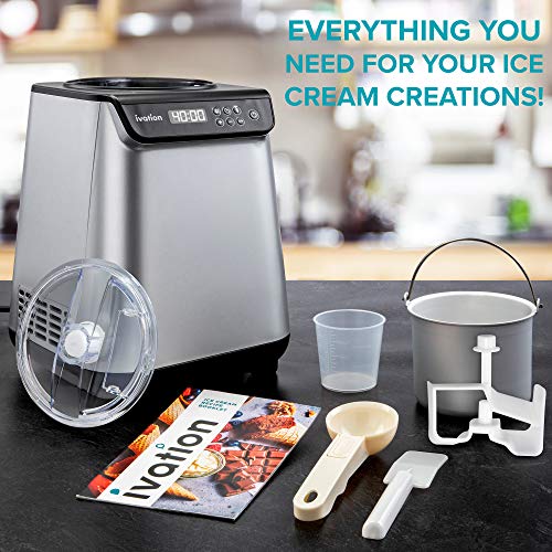 Ivation Automatic Ice Cream Maker Machine, No Pre-freezing Necessary with Built-in Compressor, Stainless Steel Gelato Maker, LCD Screen, Digital Timer, Removable Bowl, Clear Lid