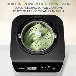 Ivation Automatic Ice Cream Maker Machine, No Pre-freezing Necessary with Built-in Compressor, Stainless Steel Gelato Maker, LCD Screen, Digital Timer, Removable Bowl, Clear Lid