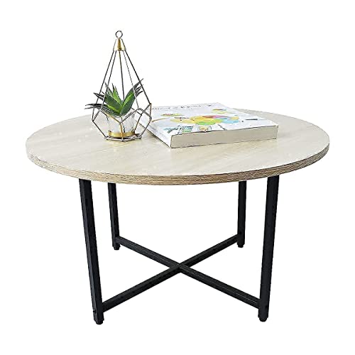 Round Coffee Table, Modern Small Coffee Table Sofa Table Tea Table for Living Room, Office Desk, Balcony, Wood Desktop and Metal Legs, 23.6inch White Oak