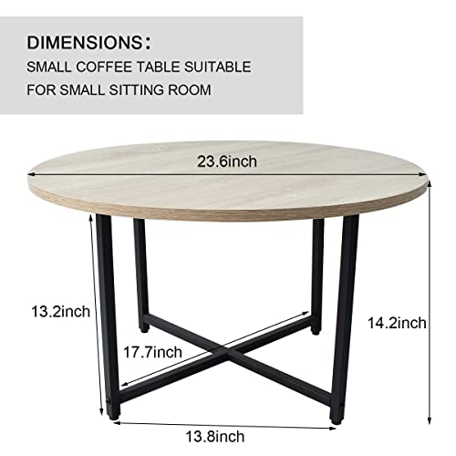 Round Coffee Table, Modern Small Coffee Table Sofa Table Tea Table for Living Room, Office Desk, Balcony, Wood Desktop and Metal Legs, 23.6inch White Oak