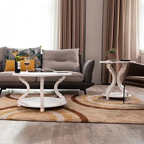 FINECASA Wood Coffee Table,Round Coffee Table Living Room, Round Cocktail Table with Storage, Sofa Table with Shelf, 31.0x18.3 Inches, Accent Tables with Carved Legs for Living Room, White