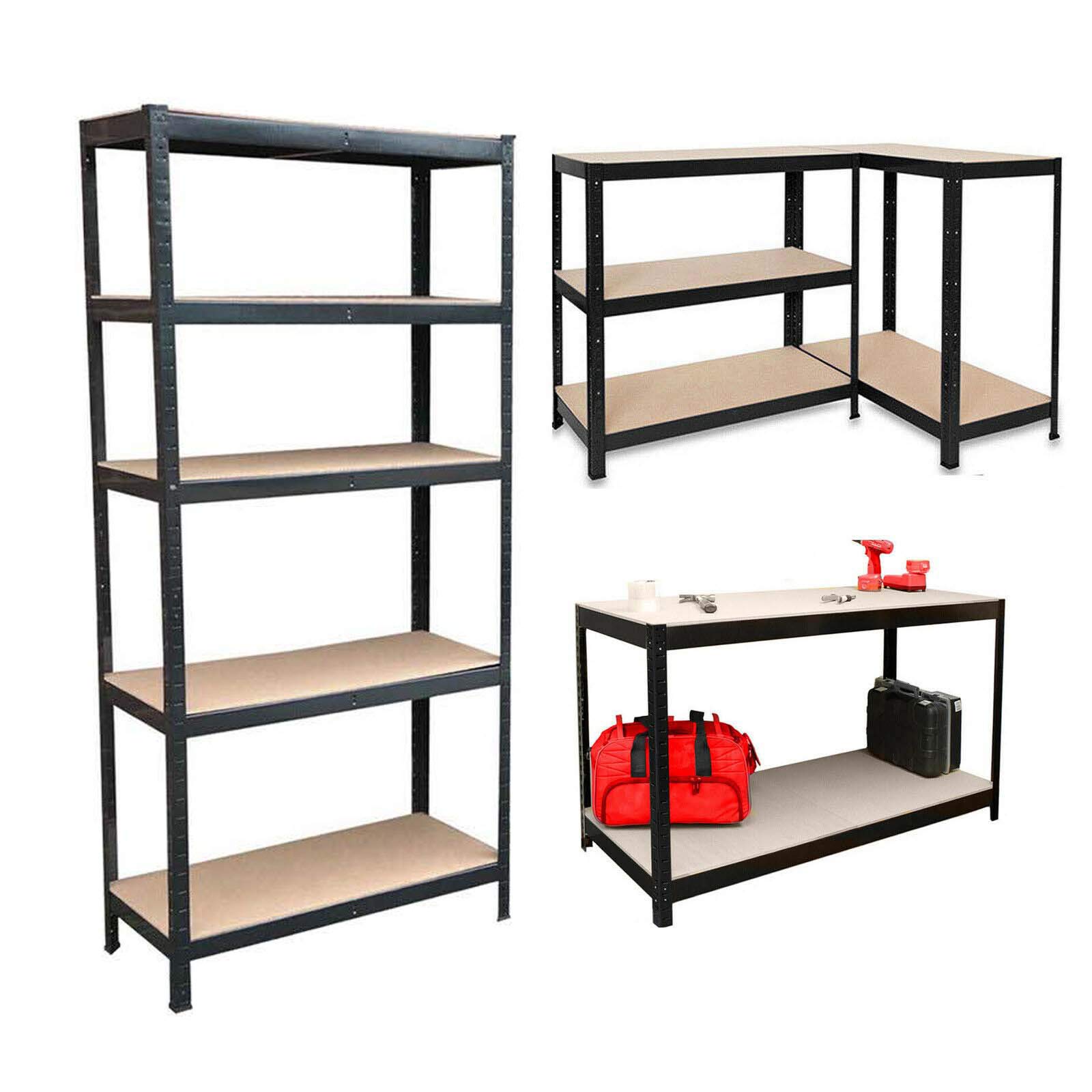 Autofather 5 Tier Garage Shelving Unit Heavy Duty Steel Metal Industrial Shelves Boltless Adjustable Racking Storage Shelf MDP Boards Max 875KG Capacity 28”L x 12”D x 59”H (Black)