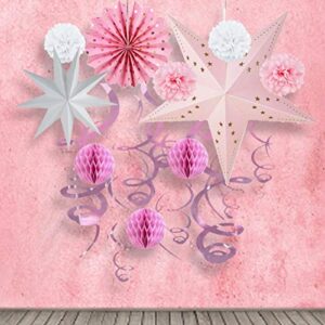 Paper Decorations Party Pink&Blue Baby Shower Party Decoration KIY Hanging Swirls Star Lantern Tissue Pom Honeycomb Balls Paper Fan Flower for Birthday