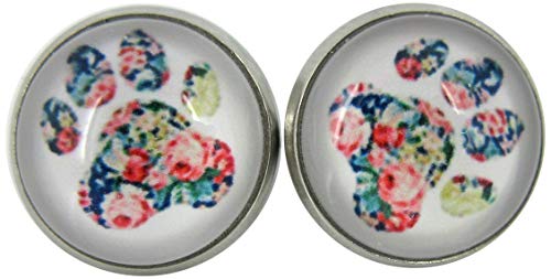 Stainless Steel White and Flower Paw Print Glass Stud Earrings 12mm