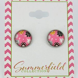 Stainless Steel Pink Cat Paw Print Glass Stud Earrings 12mm