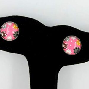 Stainless Steel Pink Cat Paw Print Glass Stud Earrings 12mm