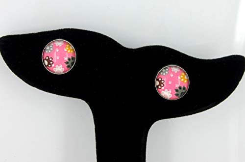 Stainless Steel Pink Cat Paw Print Glass Stud Earrings 12mm