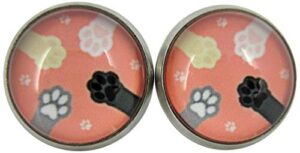 stainless steel peach cat paw print glass stud earrings 12mm