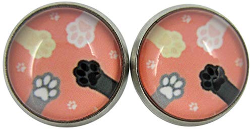 Stainless Steel Peach Cat Paw Print Glass Stud Earrings 12mm