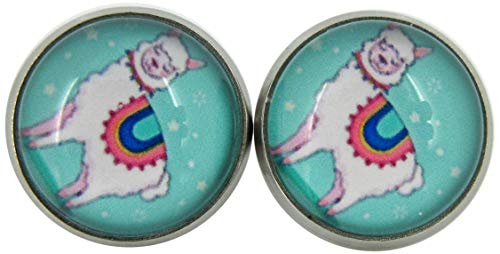 Stainless Steel Llama Print Glass Stud Earrings 12mm (Teal)