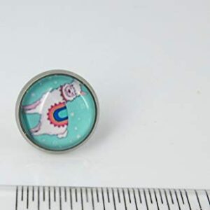 Stainless Steel Llama Print Glass Stud Earrings 12mm (Teal)