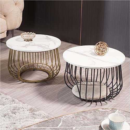 Moncot 22" Round Coffee Table,Cocktail Table MDF Top White Marble Pattern Gold Metal Frame,Modern Coffee Table with Openning Cat House for Living Room(White Marble+Gold)