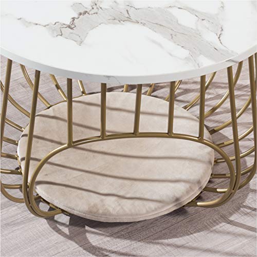 Moncot 22" Round Coffee Table,Cocktail Table MDF Top White Marble Pattern Gold Metal Frame,Modern Coffee Table with Openning Cat House for Living Room(White Marble+Gold)