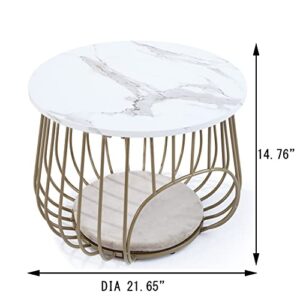 Moncot 22" Round Coffee Table,Cocktail Table MDF Top White Marble Pattern Gold Metal Frame,Modern Coffee Table with Openning Cat House for Living Room(White Marble+Gold)