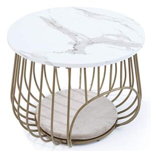 Moncot 22" Round Coffee Table,Cocktail Table MDF Top White Marble Pattern Gold Metal Frame,Modern Coffee Table with Openning Cat House for Living Room(White Marble+Gold)