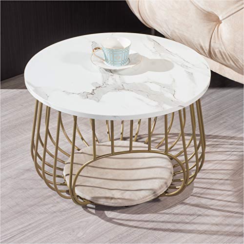 Moncot 22" Round Coffee Table,Cocktail Table MDF Top White Marble Pattern Gold Metal Frame,Modern Coffee Table with Openning Cat House for Living Room(White Marble+Gold)