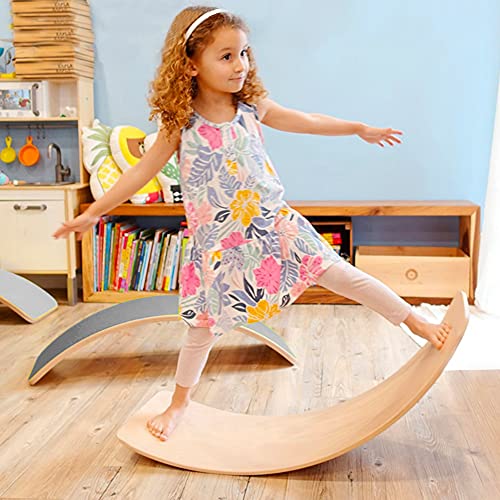 Glintoper Wooden Wobble Balance Board, 27.5 Inch Kid Natural Wood Yoga Board Curvy Board, Kids Toddler Open Ended Learning Toy, Great Kids Learning Toy for Body Training, Wooden Rocker Board Kid Size