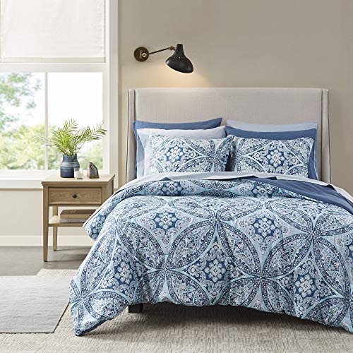 Comfort Spaces Bed in A Bag - Trendy Casual Design Cozy Comforter with Complete Sheet Set with Side Pocket, All Season Cover, Matching Shams, Full(80"x90"), Gloria, Damask Blue 9 Piece