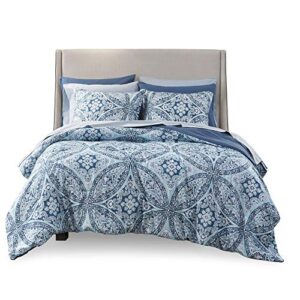 Comfort Spaces Bed in A Bag - Trendy Casual Design Cozy Comforter with Complete Sheet Set with Side Pocket, All Season Cover, Matching Shams, Full(80"x90"), Gloria, Damask Blue 9 Piece