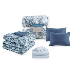 Comfort Spaces Bed in A Bag - Trendy Casual Design Cozy Comforter with Complete Sheet Set with Side Pocket, All Season Cover, Matching Shams, Full(80"x90"), Gloria, Damask Blue 9 Piece