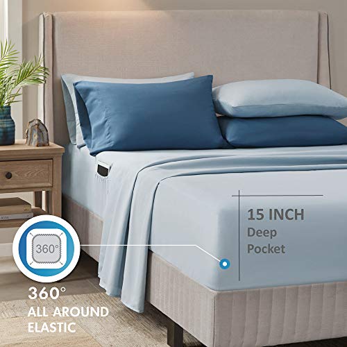 Comfort Spaces Bed in A Bag - Trendy Casual Design Cozy Comforter with Complete Sheet Set with Side Pocket, All Season Cover, Matching Shams, Full(80"x90"), Gloria, Damask Blue 9 Piece