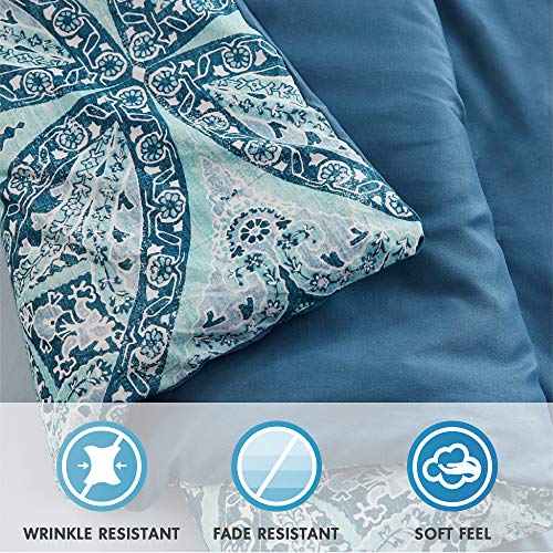 Comfort Spaces Bed in A Bag - Trendy Casual Design Cozy Comforter with Complete Sheet Set with Side Pocket, All Season Cover, Matching Shams, Full(80"x90"), Gloria, Damask Blue 9 Piece