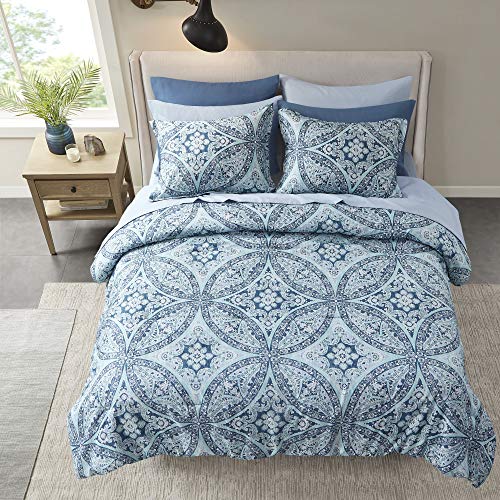 Comfort Spaces Bed in A Bag - Trendy Casual Design Cozy Comforter with Complete Sheet Set with Side Pocket, All Season Cover, Matching Shams, Full(80"x90"), Gloria, Damask Blue 9 Piece