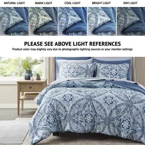 Comfort Spaces Bed in A Bag - Trendy Casual Design Cozy Comforter with Complete Sheet Set with Side Pocket, All Season Cover, Matching Shams, Full(80"x90"), Gloria, Damask Blue 9 Piece