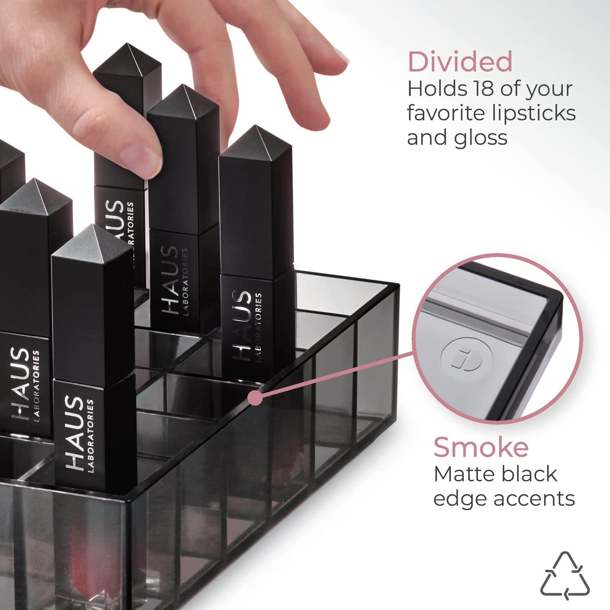 iDesign The Sarah Tanno Collection Plastic Lipstick Organizer, Made from Recycled Plastic, Black/Smoke 8 x 4 x 2"