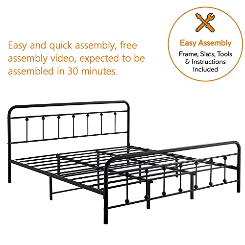 H HESTINYSUSMetal Bed Frame with Vintage Headboard and Footboard, Premium Stable Steel Slat Support Mattress Foundation, No Box Spring Needed and Easy Assembly, Gray Black (King).