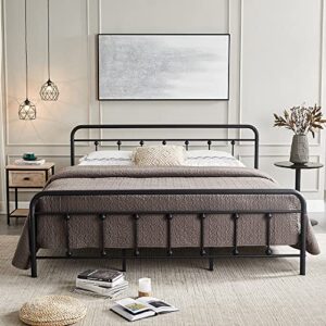 h hestinysusmetal bed frame with vintage headboard and footboard, premium stable steel slat support mattress foundation, no box spring needed and easy assembly, gray black (king).