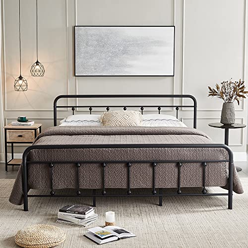 H HESTINYSUSMetal Bed Frame with Vintage Headboard and Footboard, Premium Stable Steel Slat Support Mattress Foundation, No Box Spring Needed and Easy Assembly, Gray Black (King).