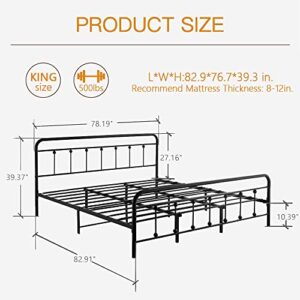 H HESTINYSUSMetal Bed Frame with Vintage Headboard and Footboard, Premium Stable Steel Slat Support Mattress Foundation, No Box Spring Needed and Easy Assembly, Gray Black (King).