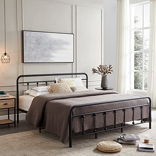 H HESTINYSUSMetal Bed Frame with Vintage Headboard and Footboard, Premium Stable Steel Slat Support Mattress Foundation, No Box Spring Needed and Easy Assembly, Gray Black (King).