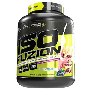 iso fuzion 100% whey isolate by scilabs nutrition | 28g non denatured protein powder, white choco blueberry cobbler, 4.4lb