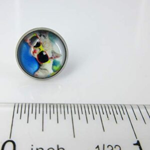 Stainless Steel Cool Cat in Sunglasses Print Glass Stud Earrings 12mm