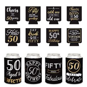 12-pack 50 and fabulous birthday decorations and supplies for women and men, black and gold insulated neoprene can cooler sleeve party favor for 12 oz soda, beer, beverages (2.5x4 in)