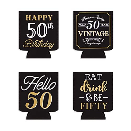 12-Pack 50 and Fabulous Birthday Decorations and Supplies for Women and Men, Black and Gold Insulated Neoprene Can Cooler Sleeve Party Favor for 12 oz Soda, Beer, Beverages (2.5x4 in)