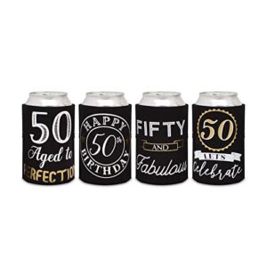 12-Pack 50 and Fabulous Birthday Decorations and Supplies for Women and Men, Black and Gold Insulated Neoprene Can Cooler Sleeve Party Favor for 12 oz Soda, Beer, Beverages (2.5x4 in)