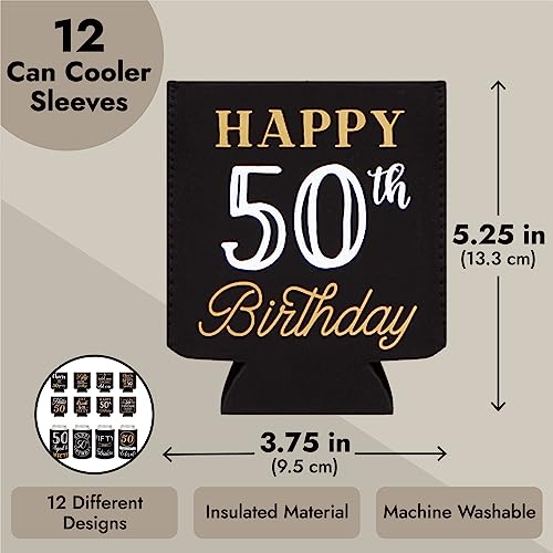 12-Pack 50 and Fabulous Birthday Decorations and Supplies for Women and Men, Black and Gold Insulated Neoprene Can Cooler Sleeve Party Favor for 12 oz Soda, Beer, Beverages (2.5x4 in)