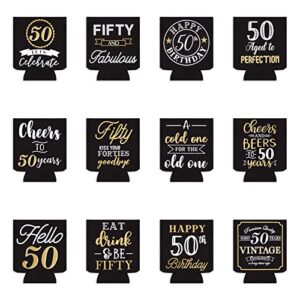 12-Pack 50 and Fabulous Birthday Decorations and Supplies for Women and Men, Black and Gold Insulated Neoprene Can Cooler Sleeve Party Favor for 12 oz Soda, Beer, Beverages (2.5x4 in)