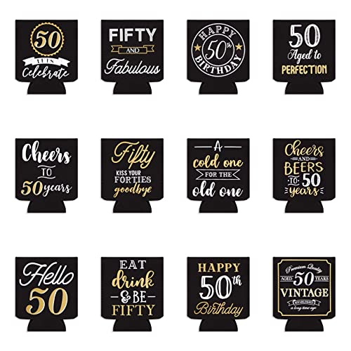 12-Pack 50 and Fabulous Birthday Decorations and Supplies for Women and Men, Black and Gold Insulated Neoprene Can Cooler Sleeve Party Favor for 12 oz Soda, Beer, Beverages (2.5x4 in)