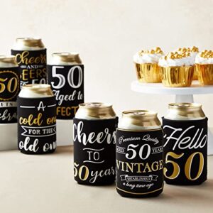 12-Pack 50 and Fabulous Birthday Decorations and Supplies for Women and Men, Black and Gold Insulated Neoprene Can Cooler Sleeve Party Favor for 12 oz Soda, Beer, Beverages (2.5x4 in)