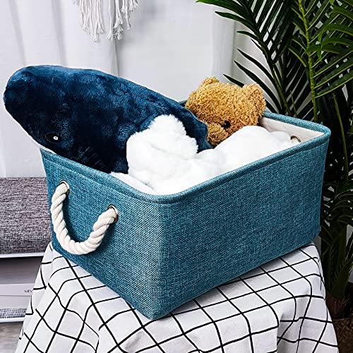 Protecu Storage Bins - Storage Baskets for Organizing with Cotton Rope Handles | Baskets for Gifts Empty for Home Office Toys Kids Room Clothes Closet Shelves(Blue,14.2x10.2x6.3inch)