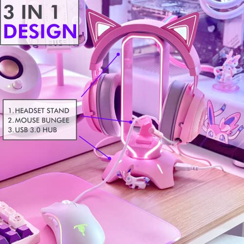 Tilted Nation RGB Gaming Headset Stand - 3 in 1 Pink Headphone Stand with Mouse Bungee and 2 Port USB Hub Charger - The Ultimate Gaming Accessory and Gamer Gift - RGB Headphone Holder for Desk