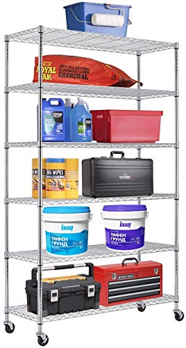 6 Tier Storage Shelves, Wire Shelving Metal Shelf Adjustable Height, Heavy Duty Garage Storage Shelves with Wheels, 82 "H x 48 "L x 18 "W, 2100 lb Weight Capacity (Chrome)