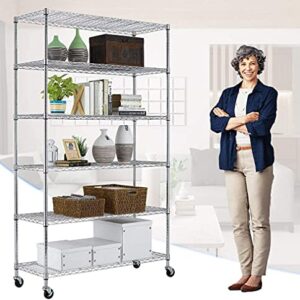 6 Tier Storage Shelves, Wire Shelving Metal Shelf Adjustable Height, Heavy Duty Garage Storage Shelves with Wheels, 82 "H x 48 "L x 18 "W, 2100 lb Weight Capacity (Chrome)