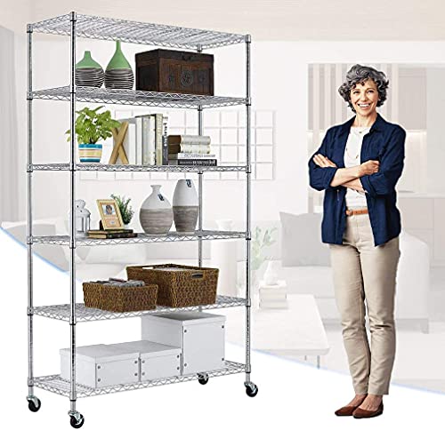 6 Tier Storage Shelves, Wire Shelving Metal Shelf Adjustable Height, Heavy Duty Garage Storage Shelves with Wheels, 82 "H x 48 "L x 18 "W, 2100 lb Weight Capacity (Chrome)