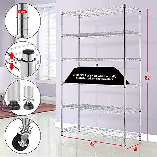 6 Tier Storage Shelves, Wire Shelving Metal Shelf Adjustable Height, Heavy Duty Garage Storage Shelves with Wheels, 82 "H x 48 "L x 18 "W, 2100 lb Weight Capacity (Chrome)