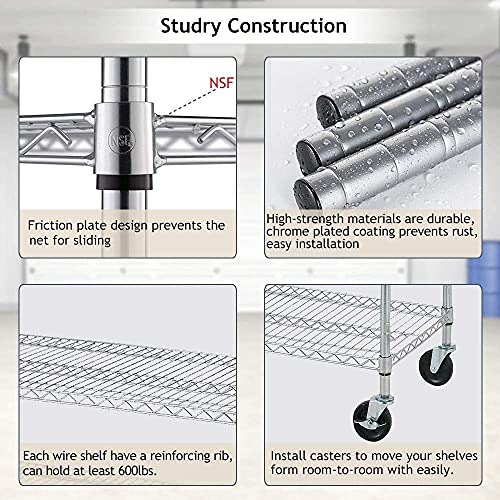 6 Tier Storage Shelves, Wire Shelving Metal Shelf Adjustable Height, Heavy Duty Garage Storage Shelves with Wheels, 82 "H x 48 "L x 18 "W, 2100 lb Weight Capacity (Chrome)